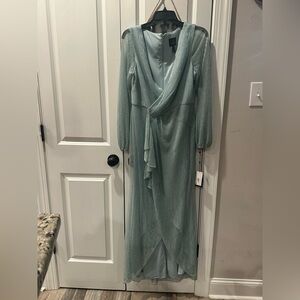 Adrianna Papell Metallic Teal Mesh Gown